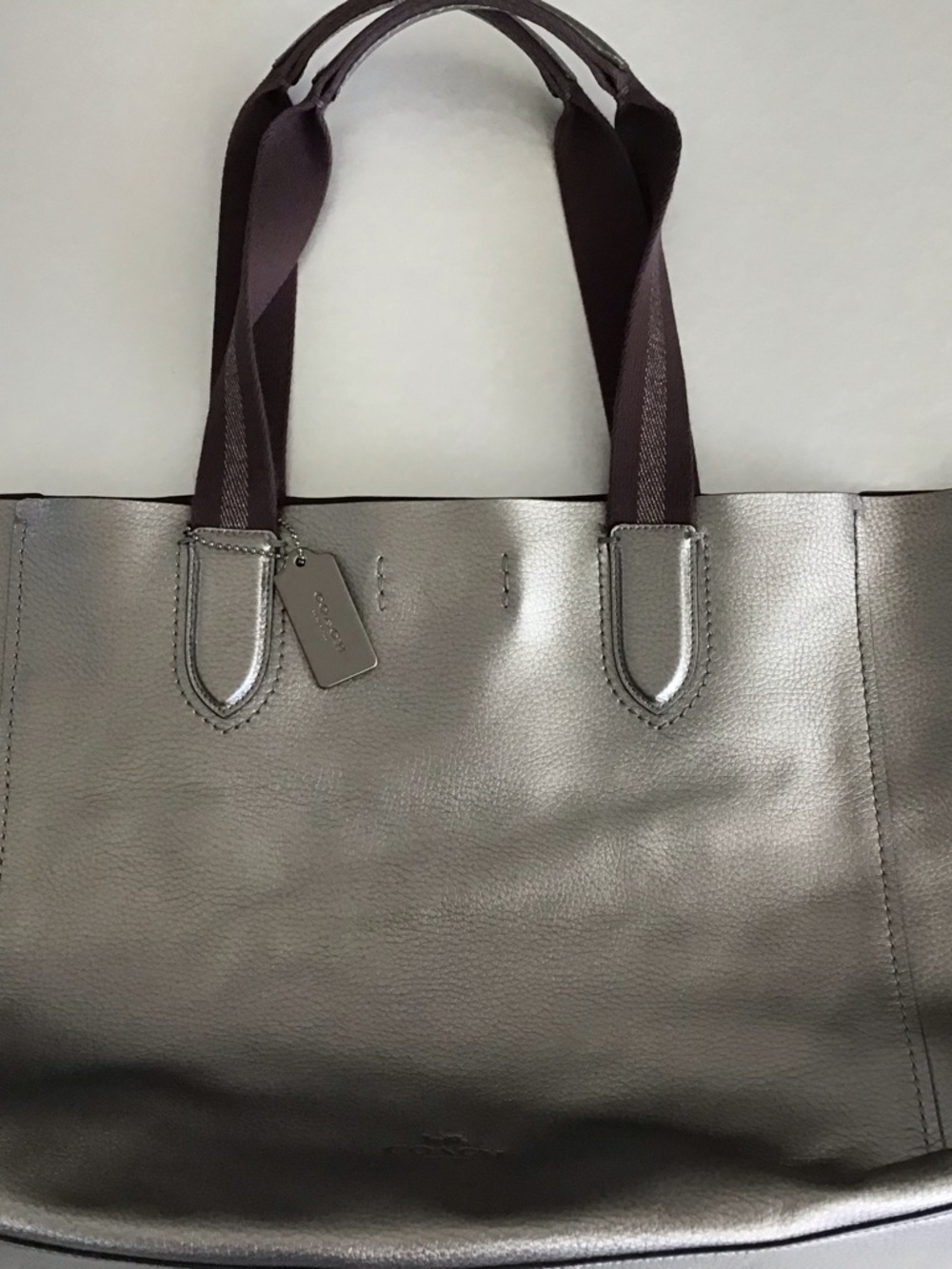 Coach Gunmetal Metallic Large Leather Tote with Dark Brown Straps EUC - Picture 12 of 13